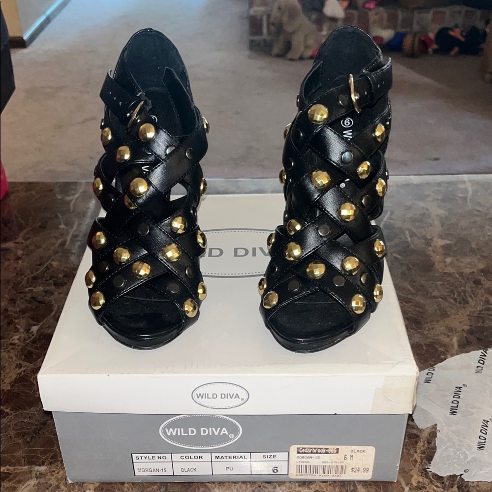 Wild Diva Black and Gold Studded Heels